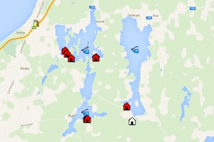 Karte vom Seensystem Bunn - Ören und unseren Ferienhäusern Nahe Gränna in Schweden